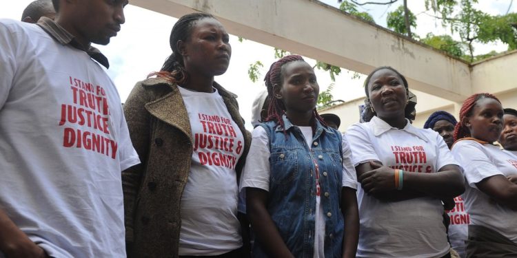 Survivors of sexual violence that occured after the December 2007 presidential election gather at the Milimani Law Courts in Nairobi, Kenya during a hearing into a constitutional petiton they filed. The High Court is scheduled to deliver a judgment on that petition on Thursday, December 10, 2020. Credit: Physicians for Human Rights (PHR).