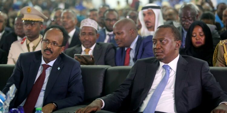 Somalia's President Mohamed Abdullahi Farmaajo and Kenya's President Uhuru Kenyatta listen to speeches during Farmaajo's inauguration ceremony in Somalia's capital Mogadishu [Feisal Omar/Reuters]