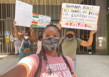 Protesters at the Ghana consulate in New York City urge the defeat of the anti-LGBTQ bill currently awaiting action in the Ghana parliament. (Photo courtesy of Rightify Ghana)
