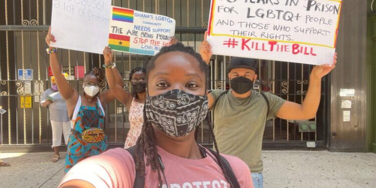 Protesters at the Ghana consulate in New York City urge the defeat of the anti-LGBTQ bill currently awaiting action in the Ghana parliament. (Photo courtesy of Rightify Ghana)