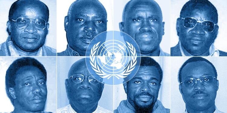 Top row, from left: André Ntagerura, Protais Zigiranyirazo, Tharcisse Muvunyi, and Anatole Nsengiyumva. Bottom row: Alphonse Nteziryayo, Francois-Xavier Nzuwonemeye, Innocent Sagahutu, and Prosper Mugiraneza.