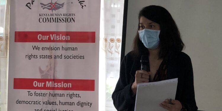 Julia Doublait of the International Federation for Human Rights speaking during the launch of a joint report, "Sexual Violence as a political tool during Elections in Kenya." Photo Credit: @KHRC