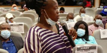 Zainab, the sister of Lt Lowe who disappeared after being accused of plotting to overthrow Yahya Jammeh in 2006, speaking during the release of the TRRC report to the public on December 24,2021.