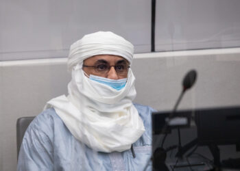 Al Hassan Ag Abdoul Aziz Ag Mohamed Ag Mahmoud before the ICC Trial Chamber X for crimes against humanity and war crimes allegedly committed in Timbuktu. Photo credit: @ICC-CPI.