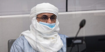 Al Hassan Ag Abdoul Aziz Ag Mohamed Ag Mahmoud before the ICC Trial Chamber X for crimes against humanity and war crimes allegedly committed in Timbuktu. Photo credit: @ICC-CPI.