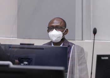 Maxime Jeoffroy Eli Mokom Gawaka appearing for the first time before the ICC judges on March 22,2022. Photo Credit: @ICC-CPI