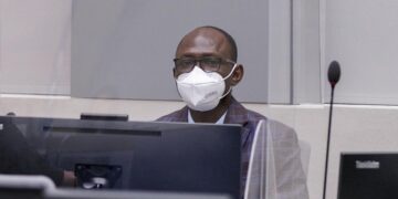 Maxime Jeoffroy Eli Mokom Gawaka appearing for the first time before the ICC judges on March 22,2022. Photo Credit: @ICC-CPI