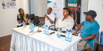 From left: Media and communications expert Kimani wa Wanjiru, journalist Tom Odhiambo, cartoonist Celestine Wamiru (Celeste), and syndicated political cartoonist Godfrey Mwampembwa (Gado) participate in a panel discussion during the launch of the second edition of the "Justice Through African Eyes" cartoon exhibition at the Kenya Cultural Centre’s Cheche Gallery on March 16, 2022. Photo credit: JFJ