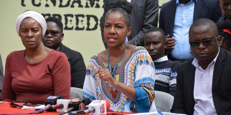 Wanjiku Gikonyo, the National Coordinator at The Institute for Social Accountability, speaking during the “Restoring Integrity through the Ballot” press conference at the Kenya Human Rights Commission offices in Nairobi, Kenya. The meeting was organised by The Angaza Movement together with citizens and other grassroots organisations. Photo credit. @Moses Gowi/KHRC