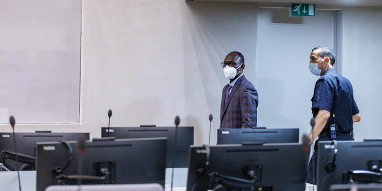 Former Central African Republic rebel leader Maxime Jeoffroy Eli Mokom Gawaka arrives at the International Criminal Court in The Hague on March 22, 2022 for his first appearance. Photo credit: @ICC-CPI