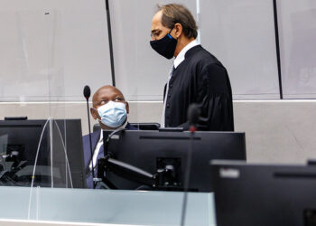 Kenyan lawyer Paul Gicheru and his lawyer. Michael G. Karnavas, during the hearing of his case at the International Criminal Court in The Hague. Photo credit: @ICC-CPI