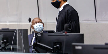 Kenyan lawyer Paul Gicheru and his lawyer. Michael G. Karnavas, during the hearing of his case at the International Criminal Court in The Hague. Photo credit: @ICC-CPI