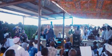International Criminal Court Prosecutor Karim Khan addresses victims in one of the camps for internally displaced persons during his visit to Darfur, Sudan.